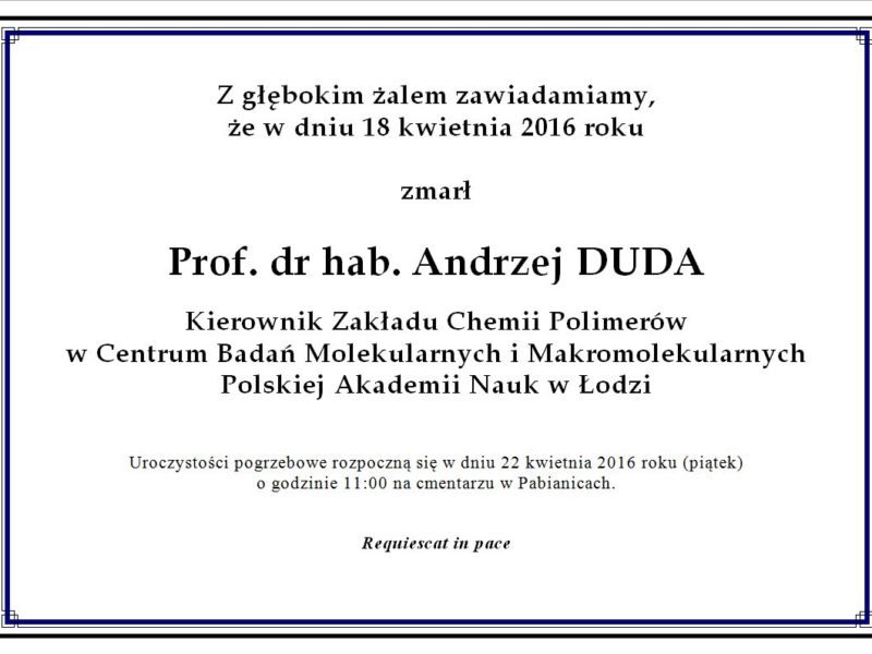 Zmarł Prof. Andrzej Duda