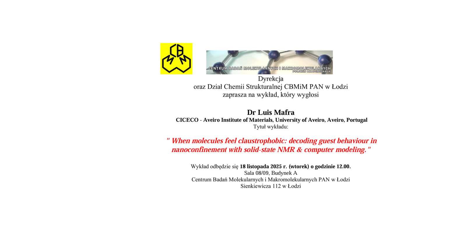 Wykład Dr. Luisa Mafry z CICECO – Aveiro Institute of Materials, University of Aveiro, Aveiro, Portugal