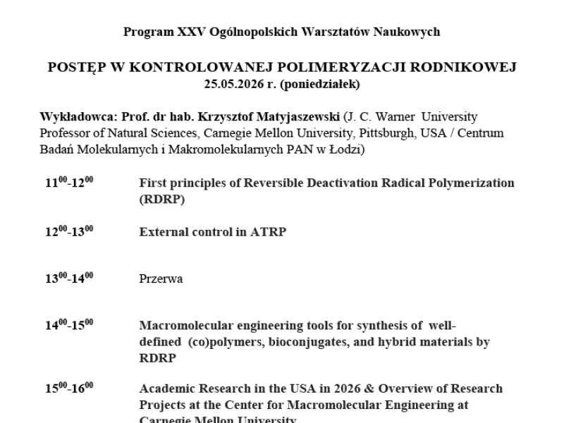 XXV Ogólnopolskie Warsztaty Naukowe „Postęp w Kontrolowanej Polimeryzacji Rodnikowej”